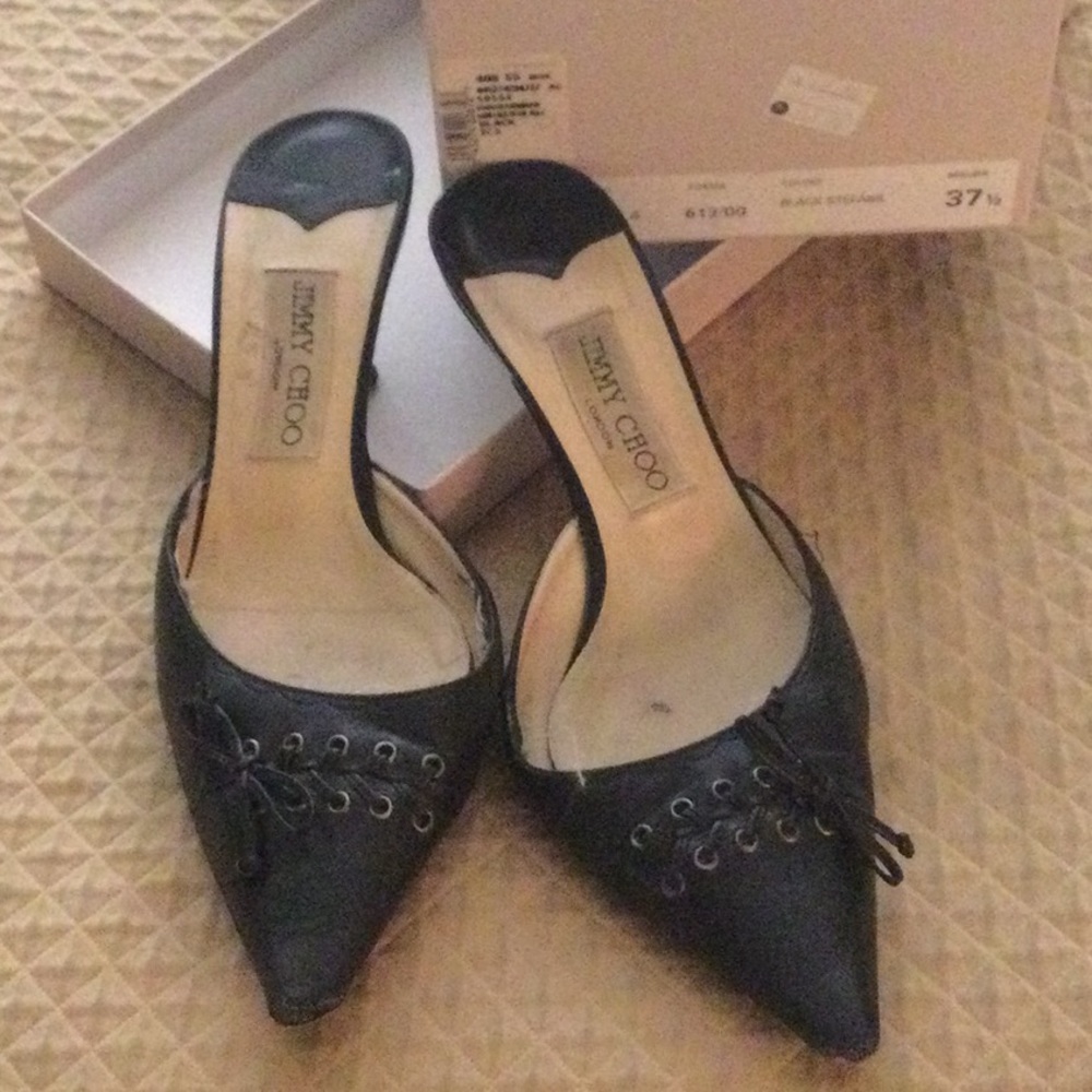Jimmy Choo Black Leather Kitten Heel Mules Size 37 1/2
